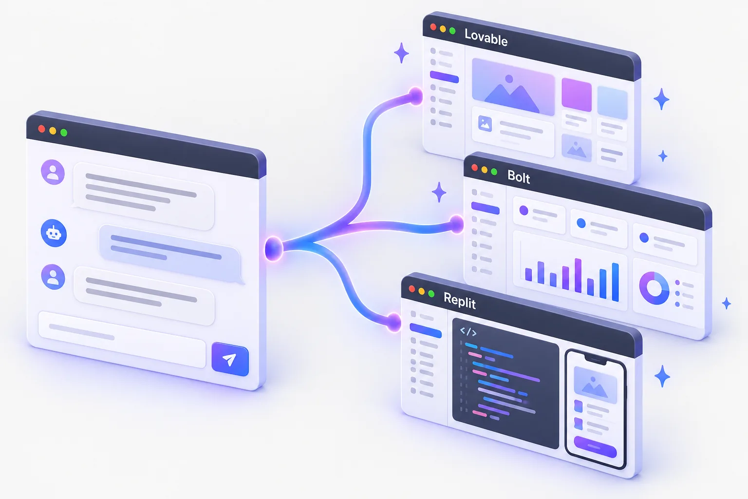 A chat window connected to app windows labeled Lovable, Bolt and Replit